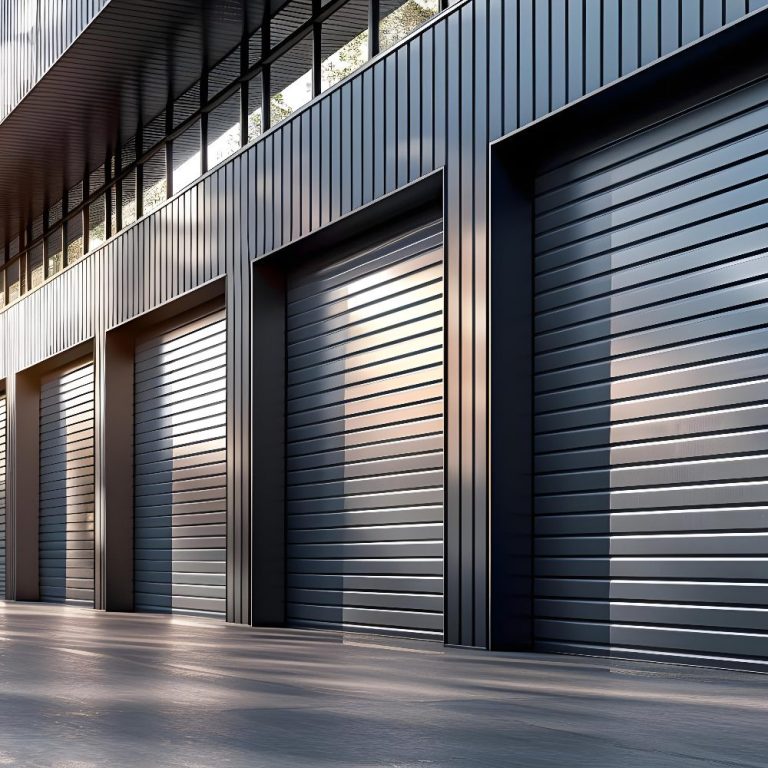 Portes de garage en métal, façade moderne avec reflets de lumière.